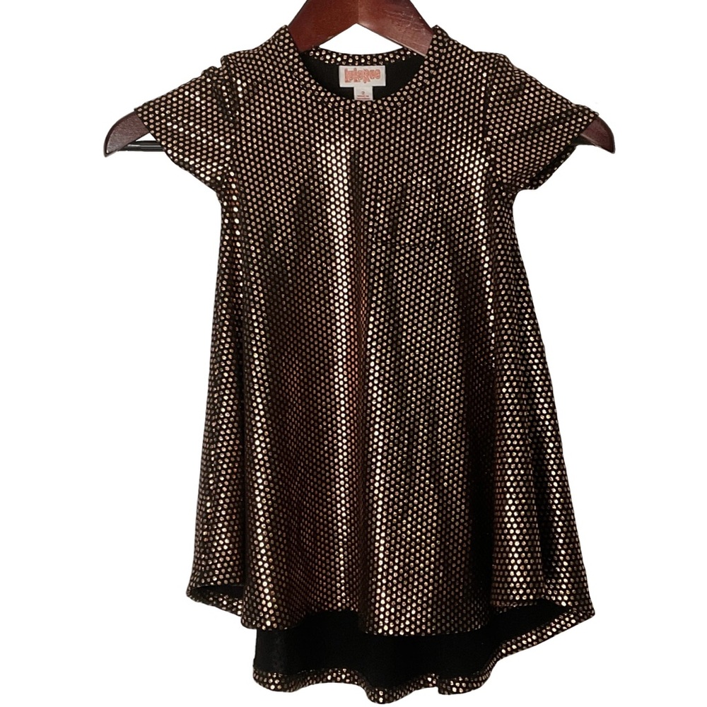 LuLaRoe Young Girl Gold Foil Dot Scarlett Dress Round Neck, Cap Sleeve Size 2.